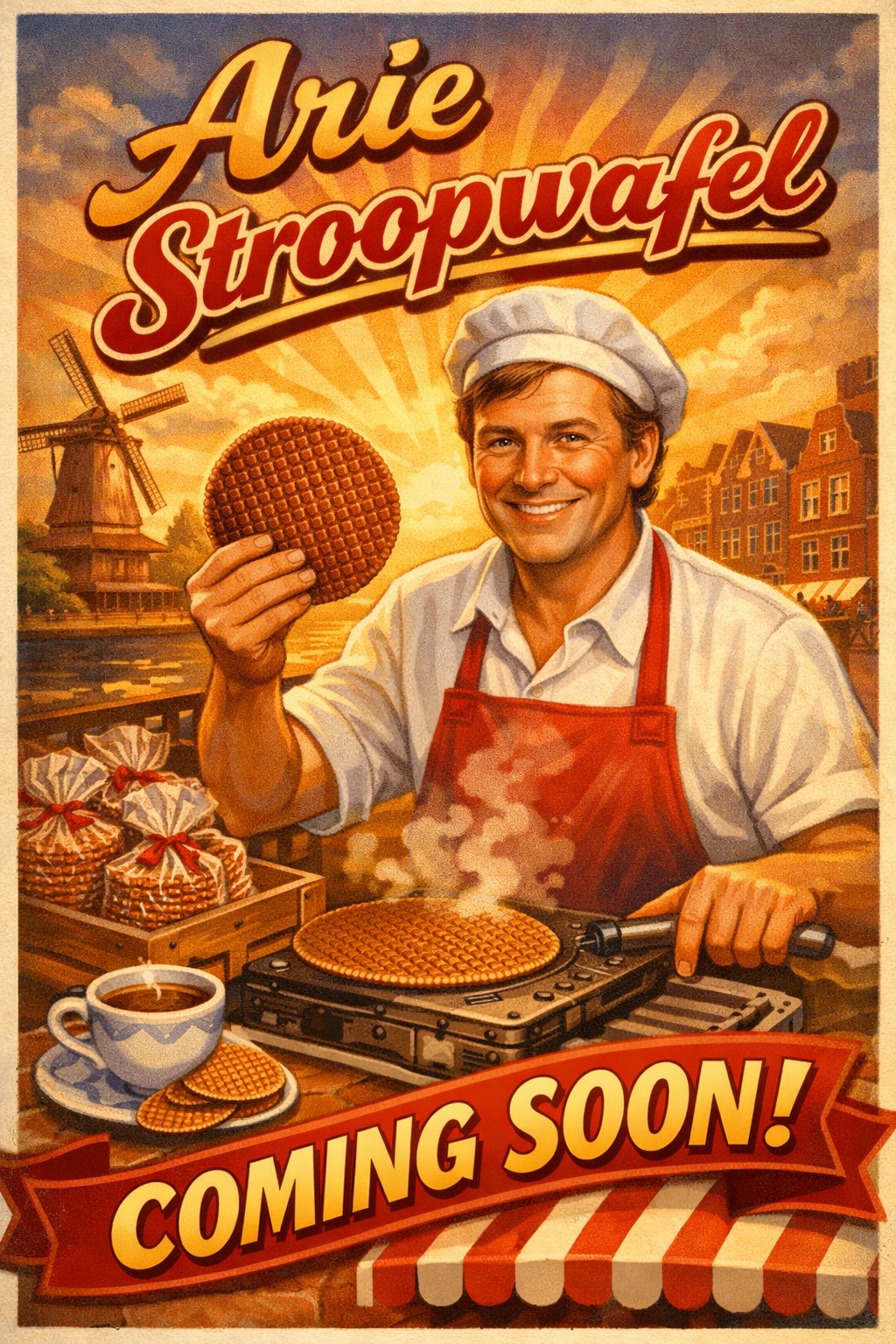 Arie Stroopwafel coming soon poster in warme jaren 90 stijl